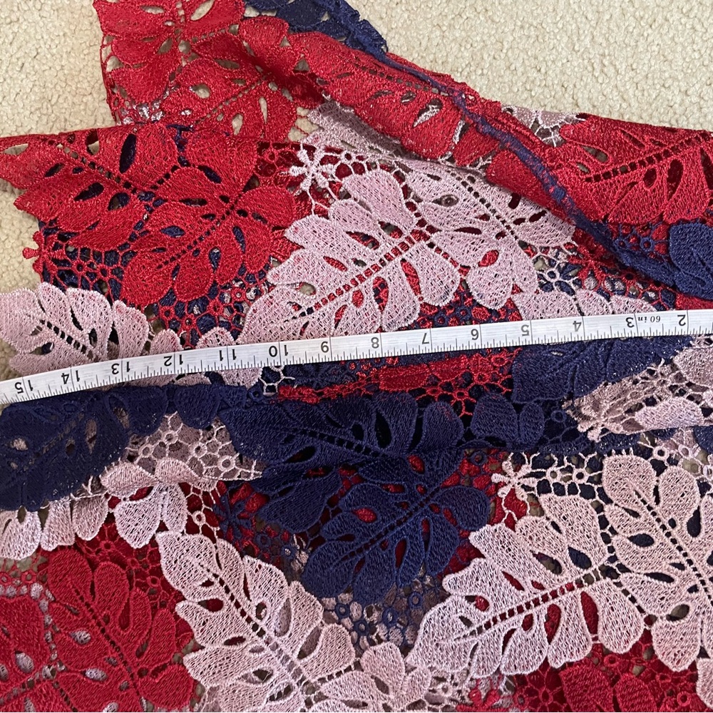 Adelyn Rae Adeline Palm Lace Midi Dress Cap Sleeve Blue Red Tan sz large - Picture 6 of 6